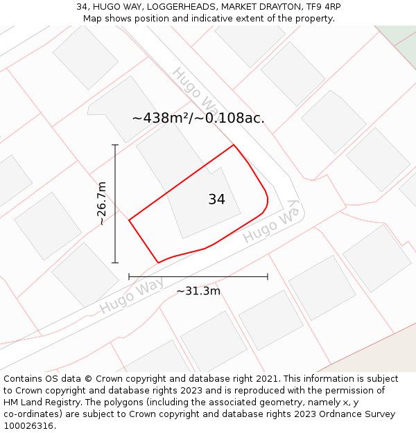 34, HUGO WAY, LOGGERHEADS, MARKET DRAYTON, TF9 4RP: Plot and title map