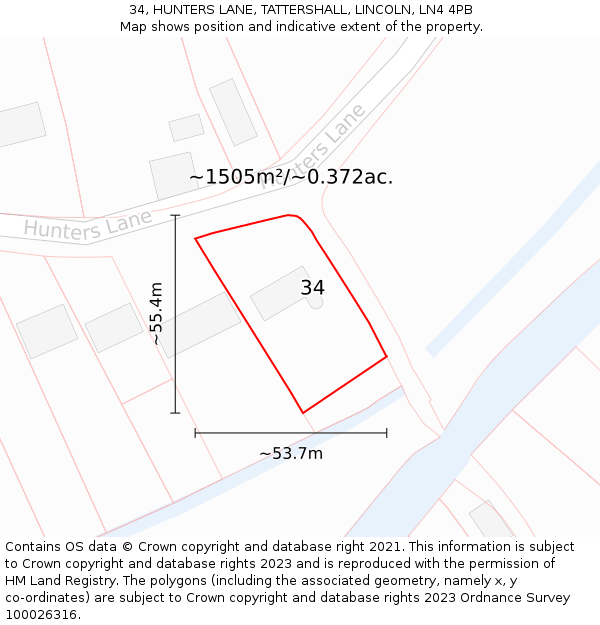 34, HUNTERS LANE, TATTERSHALL, LINCOLN, LN4 4PB: Plot and title map