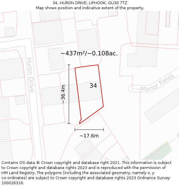 34, HURON DRIVE, LIPHOOK, GU30 7TZ: Plot and title map