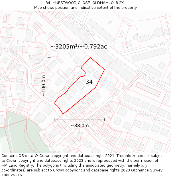 34, HURSTWOOD CLOSE, OLDHAM, OL8 2XL: Plot and title map