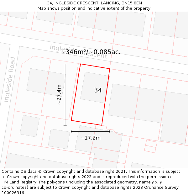 34, INGLESIDE CRESCENT, LANCING, BN15 8EN: Plot and title map