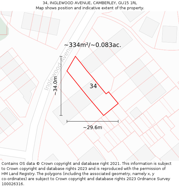 34, INGLEWOOD AVENUE, CAMBERLEY, GU15 1RL: Plot and title map