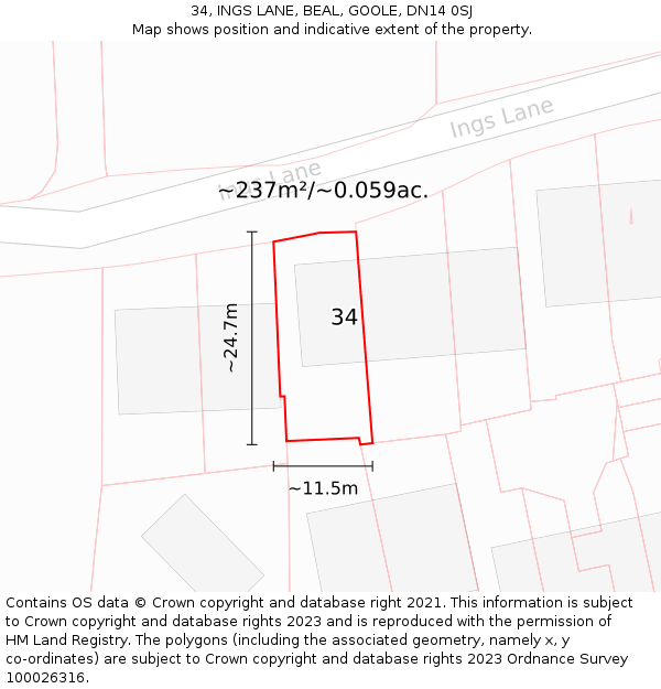 34, INGS LANE, BEAL, GOOLE, DN14 0SJ: Plot and title map