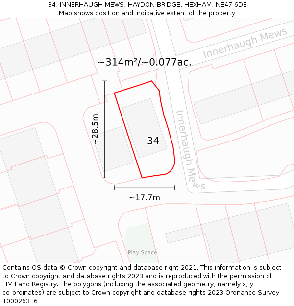 34, INNERHAUGH MEWS, HAYDON BRIDGE, HEXHAM, NE47 6DE: Plot and title map