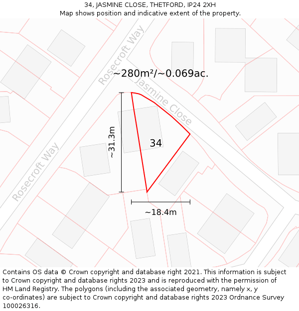 34, JASMINE CLOSE, THETFORD, IP24 2XH: Plot and title map