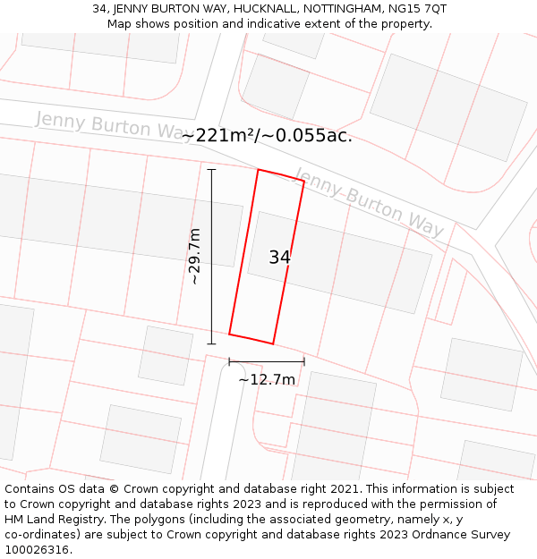 34, JENNY BURTON WAY, HUCKNALL, NOTTINGHAM, NG15 7QT: Plot and title map