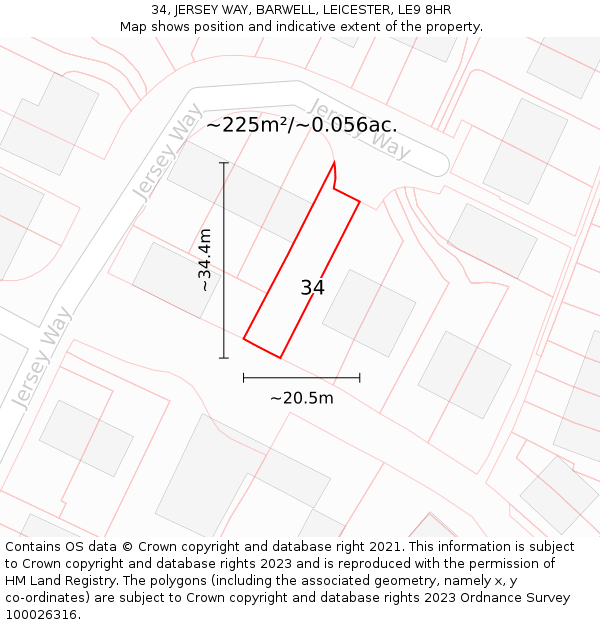 34, JERSEY WAY, BARWELL, LEICESTER, LE9 8HR: Plot and title map