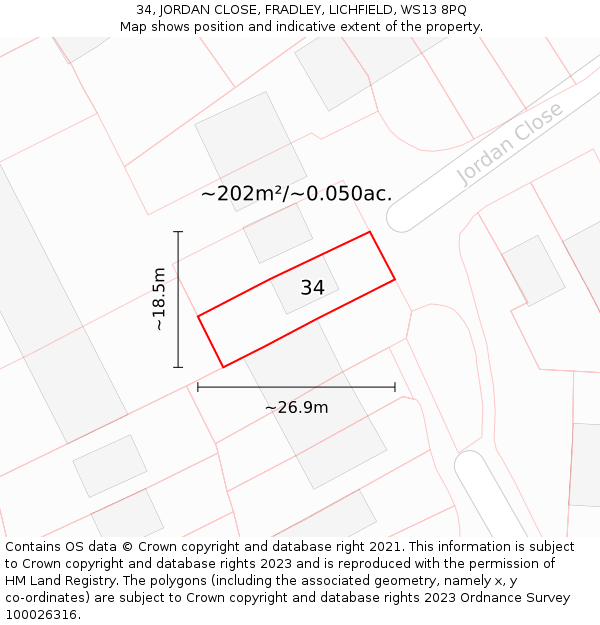 34, JORDAN CLOSE, FRADLEY, LICHFIELD, WS13 8PQ: Plot and title map
