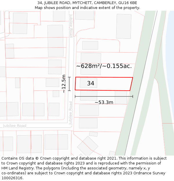 34, JUBILEE ROAD, MYTCHETT, CAMBERLEY, GU16 6BE: Plot and title map