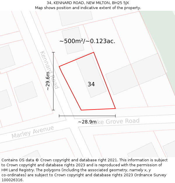 34, KENNARD ROAD, NEW MILTON, BH25 5JX: Plot and title map