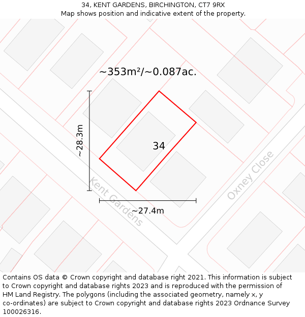 34, KENT GARDENS, BIRCHINGTON, CT7 9RX: Plot and title map