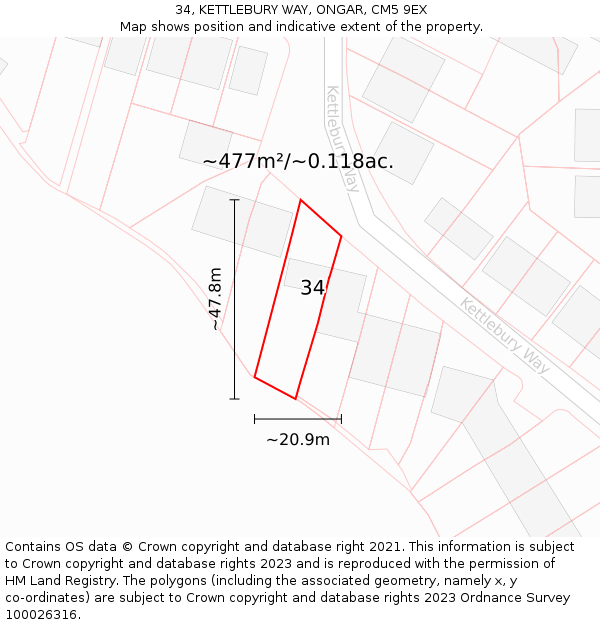34, KETTLEBURY WAY, ONGAR, CM5 9EX: Plot and title map