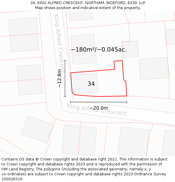 34, KING ALFRED CRESCENT, NORTHAM, BIDEFORD, EX39 1UF: Plot and title map