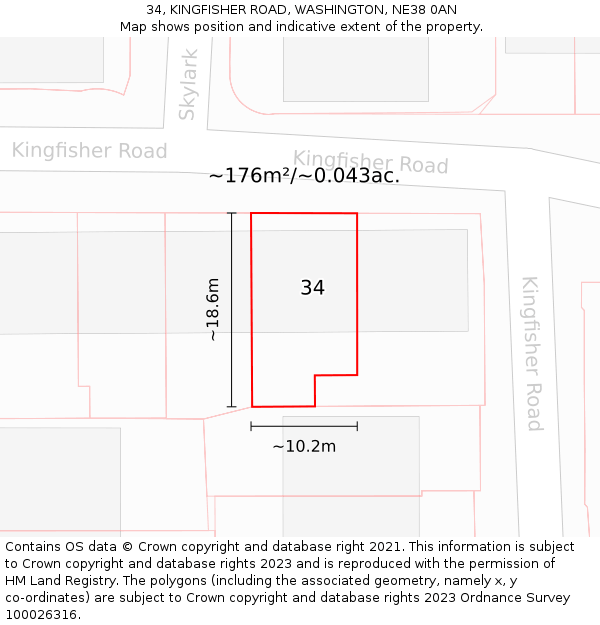 34, KINGFISHER ROAD, WASHINGTON, NE38 0AN: Plot and title map