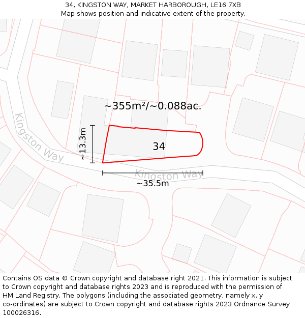 34, KINGSTON WAY, MARKET HARBOROUGH, LE16 7XB: Plot and title map