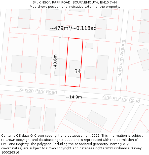 34, KINSON PARK ROAD, BOURNEMOUTH, BH10 7HH: Plot and title map