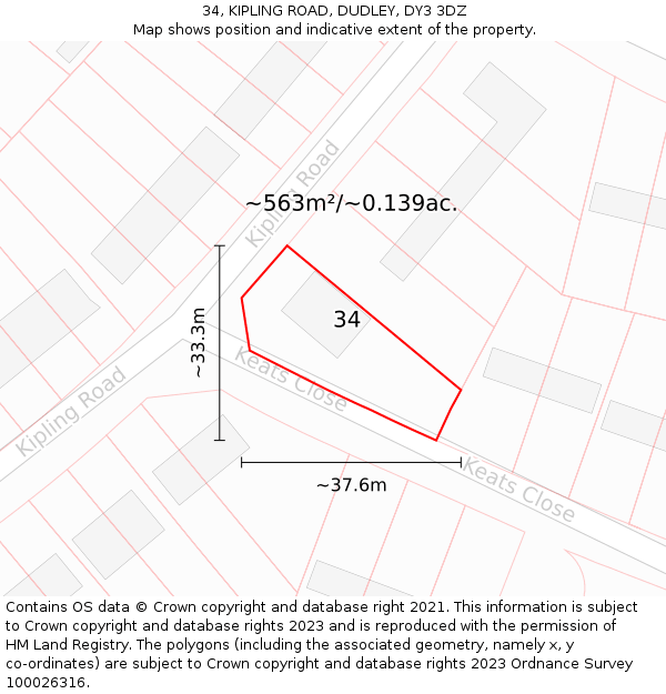 34, KIPLING ROAD, DUDLEY, DY3 3DZ: Plot and title map