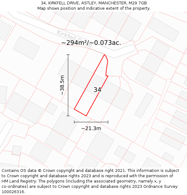 34, KIRKFELL DRIVE, ASTLEY, MANCHESTER, M29 7GB: Plot and title map