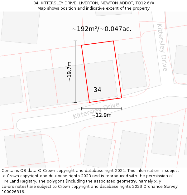 34, KITTERSLEY DRIVE, LIVERTON, NEWTON ABBOT, TQ12 6YX: Plot and title map