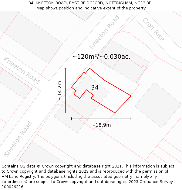 34, KNEETON ROAD, EAST BRIDGFORD, NOTTINGHAM, NG13 8PH: Plot and title map