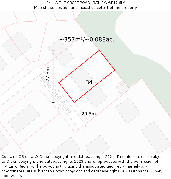 34, LAITHE CROFT ROAD, BATLEY, WF17 6LY: Plot and title map