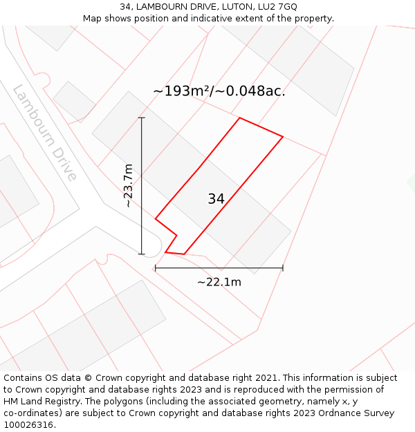 34, LAMBOURN DRIVE, LUTON, LU2 7GQ: Plot and title map