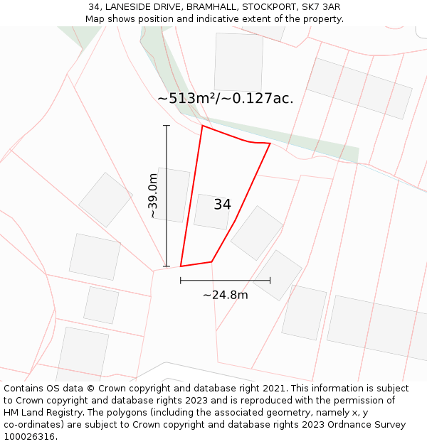 34, LANESIDE DRIVE, BRAMHALL, STOCKPORT, SK7 3AR: Plot and title map