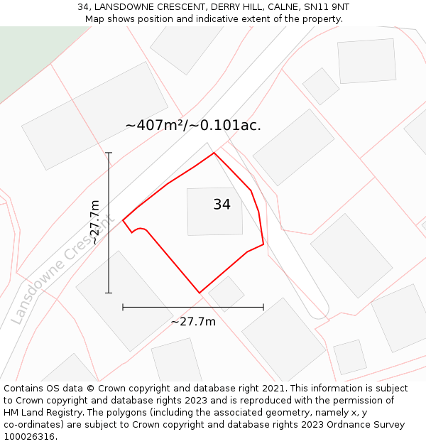 34, LANSDOWNE CRESCENT, DERRY HILL, CALNE, SN11 9NT: Plot and title map