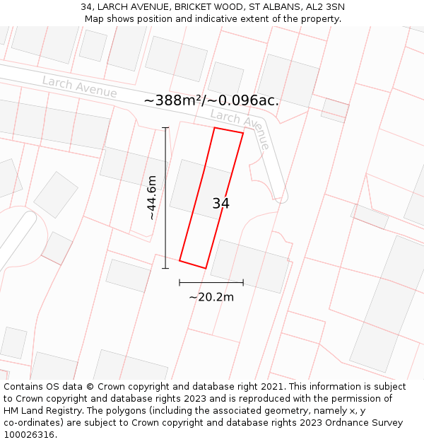 34, LARCH AVENUE, BRICKET WOOD, ST ALBANS, AL2 3SN: Plot and title map