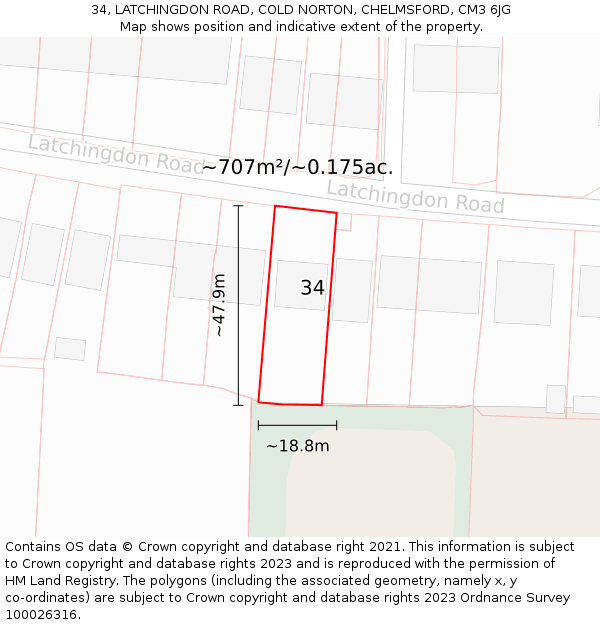 34, LATCHINGDON ROAD, COLD NORTON, CHELMSFORD, CM3 6JG: Plot and title map