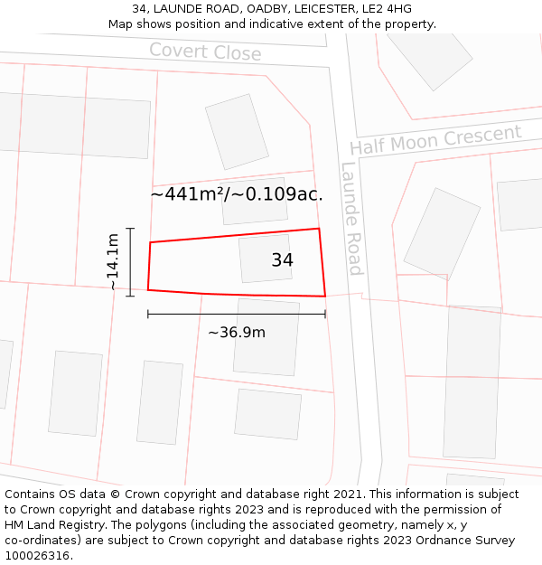 34, LAUNDE ROAD, OADBY, LEICESTER, LE2 4HG: Plot and title map