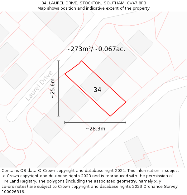 34, LAUREL DRIVE, STOCKTON, SOUTHAM, CV47 8FB: Plot and title map