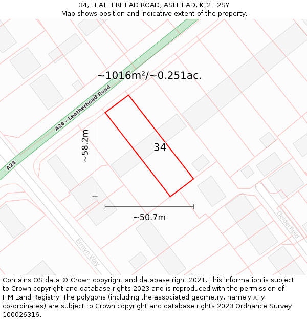 34, LEATHERHEAD ROAD, ASHTEAD, KT21 2SY: Plot and title map