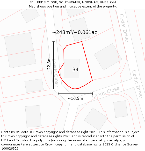 34, LEEDS CLOSE, SOUTHWATER, HORSHAM, RH13 9XN: Plot and title map