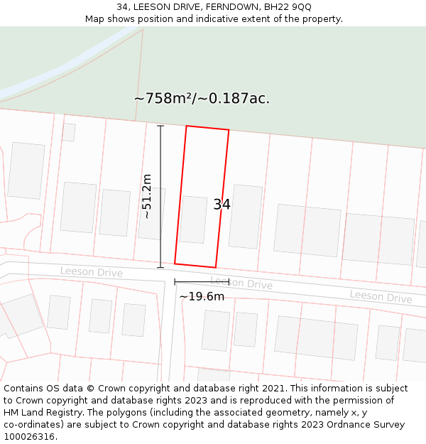 34, LEESON DRIVE, FERNDOWN, BH22 9QQ: Plot and title map