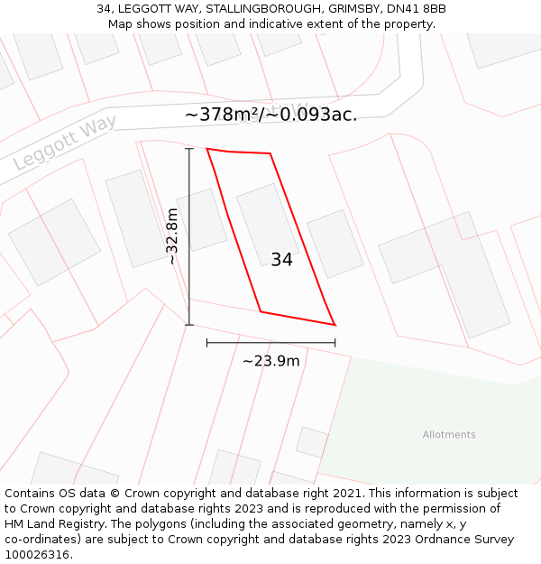 34, LEGGOTT WAY, STALLINGBOROUGH, GRIMSBY, DN41 8BB: Plot and title map