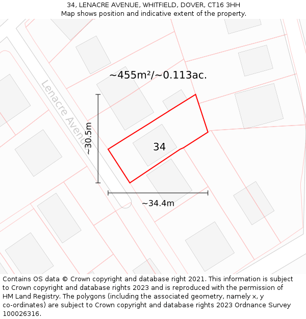 34, LENACRE AVENUE, WHITFIELD, DOVER, CT16 3HH: Plot and title map