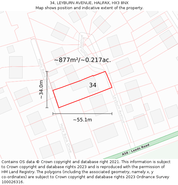 34, LEYBURN AVENUE, HALIFAX, HX3 8NX: Plot and title map