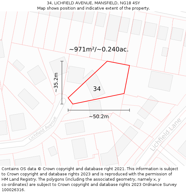 34, LICHFIELD AVENUE, MANSFIELD, NG18 4SY: Plot and title map