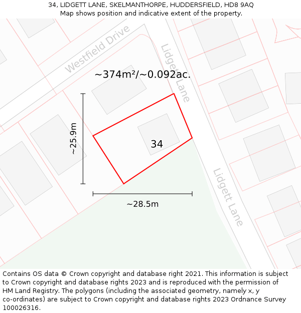 34, LIDGETT LANE, SKELMANTHORPE, HUDDERSFIELD, HD8 9AQ: Plot and title map