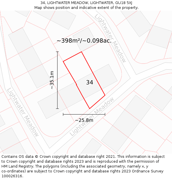 34, LIGHTWATER MEADOW, LIGHTWATER, GU18 5XJ: Plot and title map