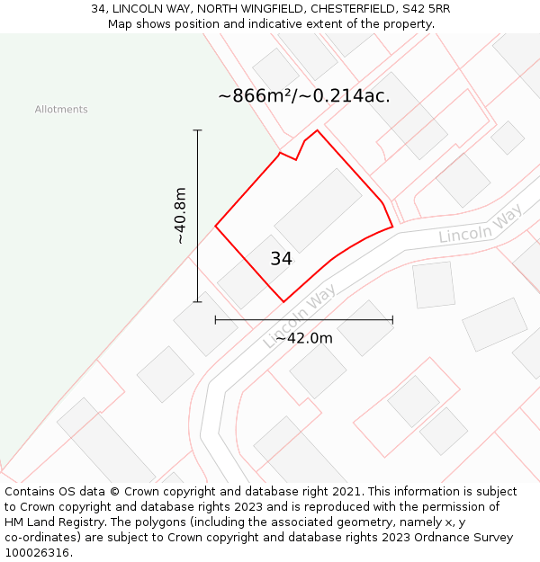 34, LINCOLN WAY, NORTH WINGFIELD, CHESTERFIELD, S42 5RR: Plot and title map