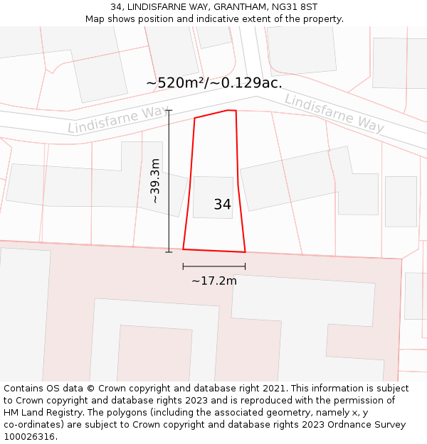 34, LINDISFARNE WAY, GRANTHAM, NG31 8ST: Plot and title map