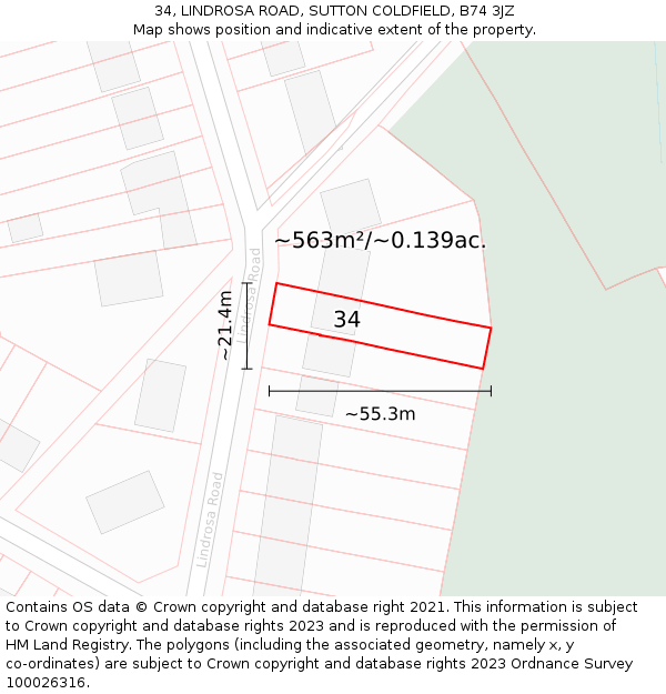 34, LINDROSA ROAD, SUTTON COLDFIELD, B74 3JZ: Plot and title map