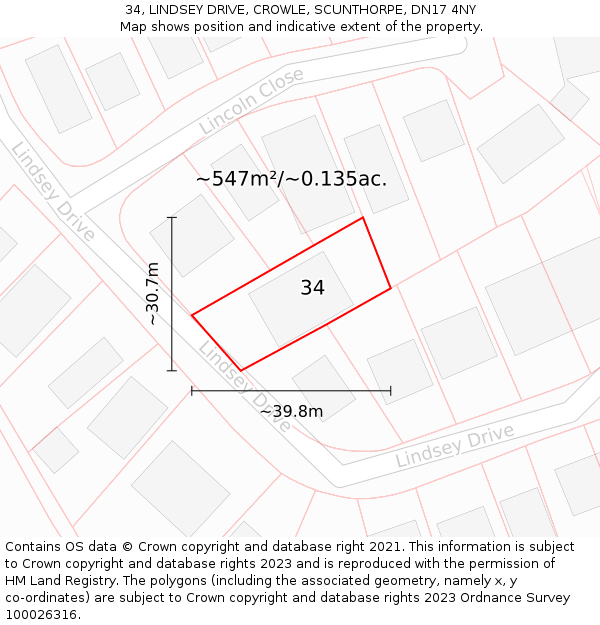 34, LINDSEY DRIVE, CROWLE, SCUNTHORPE, DN17 4NY: Plot and title map