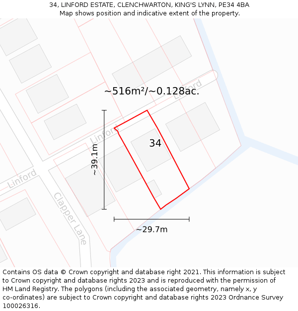 34, LINFORD ESTATE, CLENCHWARTON, KING'S LYNN, PE34 4BA: Plot and title map