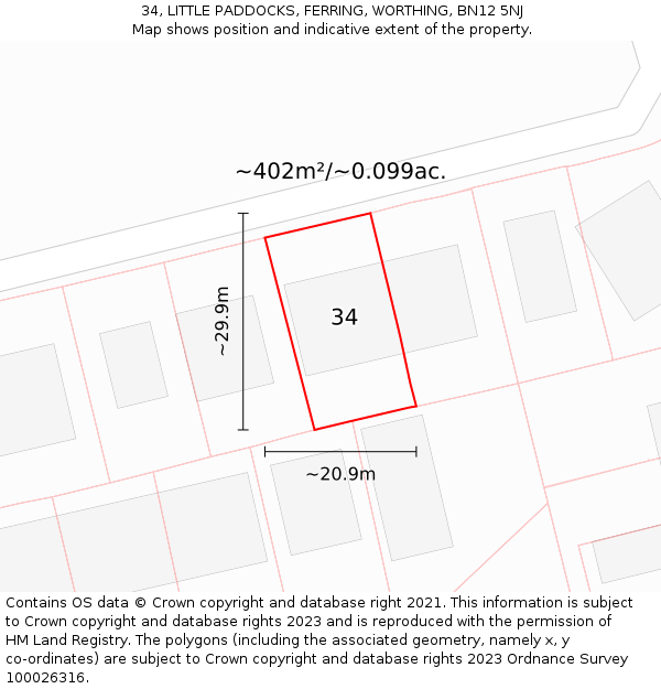 34, LITTLE PADDOCKS, FERRING, WORTHING, BN12 5NJ: Plot and title map