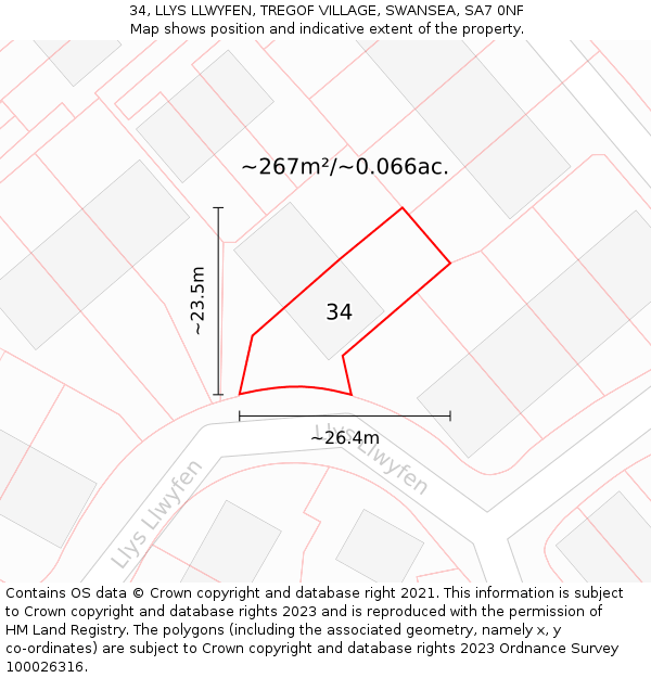 34, LLYS LLWYFEN, TREGOF VILLAGE, SWANSEA, SA7 0NF: Plot and title map