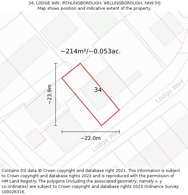 34, LODGE WAY, IRTHLINGBOROUGH, WELLINGBOROUGH, NN9 5YJ: Plot and title map