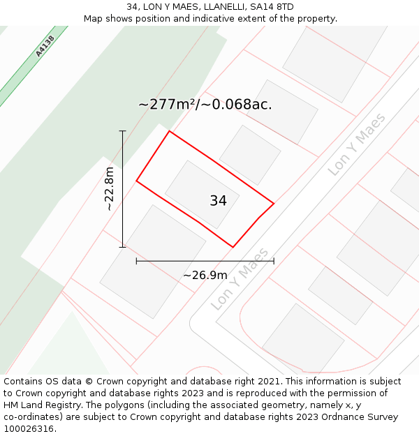 34, LON Y MAES, LLANELLI, SA14 8TD: Plot and title map